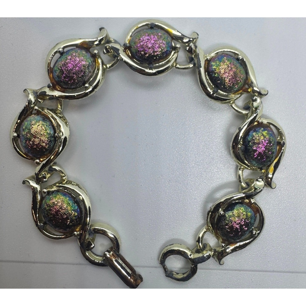 Vintage Gold Tone Aurora Borealis Iridescent Textured Cabochon Bracelet *READ